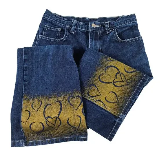 Jordache Vintage Blue Jeans Embellished Gold Hearts Metallic Boot Cut Flare 12 - Picture 2 of 4